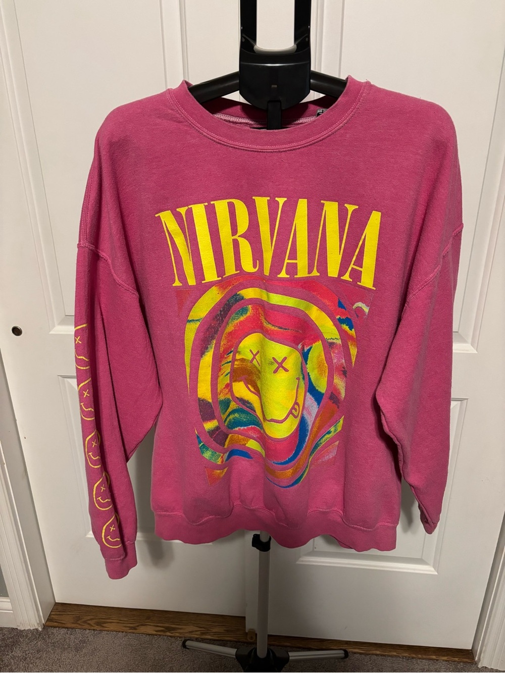 NIRVANA Fuchsia Crewneck with Yellow Multicolor Graphic